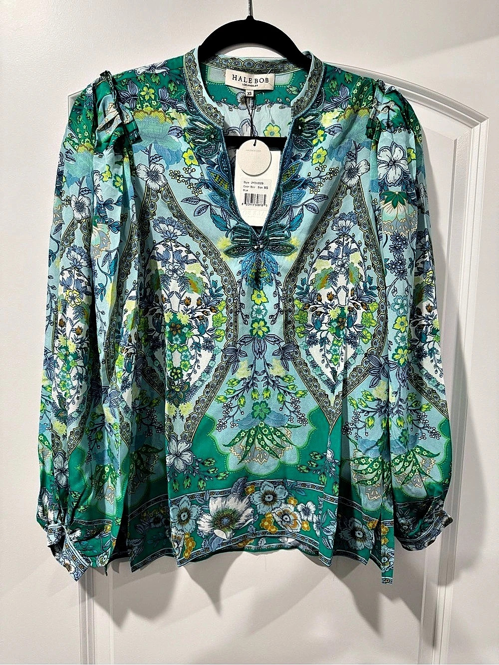 Hale Bob Madison Silk Top Floral Silk Blouse Blue & Green XS